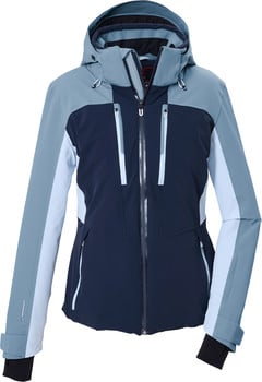 Damen-Skijacke in Dunkelblau, Hellblau und Grau mit Kapuze.