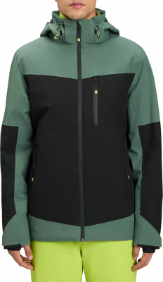 Herren-Skijacke in Grün mit schwarzen Einsätzen und Kapuze. Herren-Skijacke in Grün mit schwarzen Einsätzen und Kapuze.