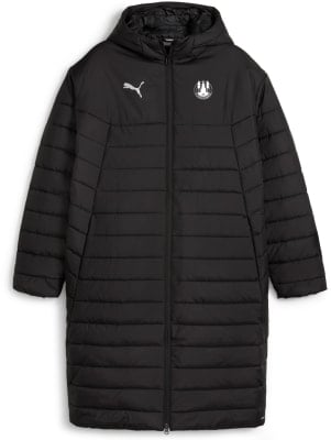 Schwarze Puma Steppjacke mit Kapuze und Teamlogo auf der Brust.