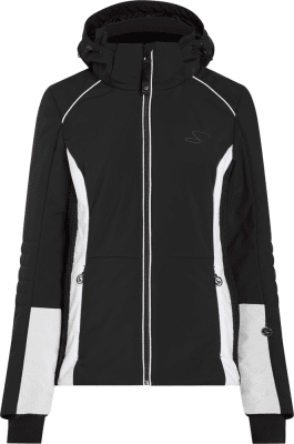Schwarze Jacke mit weißen Streifen und Logo, ideal für Wintersport. Schwarze Jacke mit weißen Streifen und Logo, ideal für Wintersport.