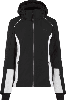 Schwarze Jacke mit weißen Streifen und Logo, ideal für Wintersport.