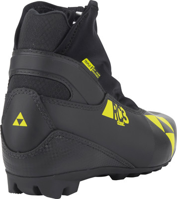 Schwarzer Fischer RCS Classic Skilanglaufschuh mit gelbem Logo und Schriftzug.