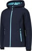 Dunkelblaue Jacke mit Kapuze und hellblauem Reißverschluss und Details.