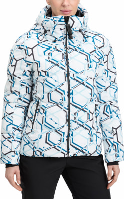 Damen-Winterjacke mit geometrischem Muster und hohem Kragen. Damen-Winterjacke mit geometrischem Muster und hohem Kragen.