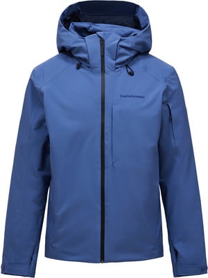 Blaue Peak Performance Herren Skijacke mit Kapuze und schwarzem Reißverschluss. Blaue Peak Performance Herren Skijacke mit Kapuze und schwarzem Reißverschluss.