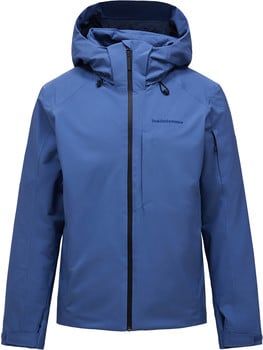 Blaue Peak Performance Herren Skijacke mit Kapuze und schwarzem Reißverschluss.
