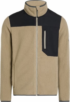 Beige Fleecejacke mit Reißverschluss und schwarzen Einsätzen. Beige Fleecejacke mit Reißverschluss und schwarzen Einsätzen.