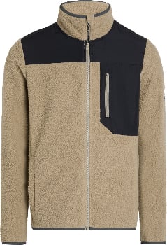 Beige Fleecejacke mit Reißverschluss und schwarzen Einsätzen.