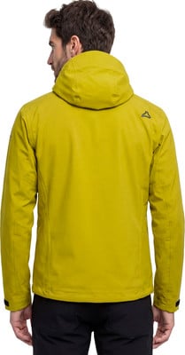 Ein Mann in einer gelben Kapuzenjacke mit Logo auf dem Rücken. Ein Mann in einer gelben Kapuzenjacke mit Logo auf dem Rücken.