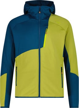 Herrenjacke in Blau und Limettengrün mit Kapuze und kontrastierenden Reißverschlüssen.