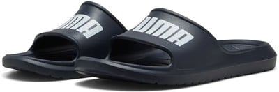 Dunkelblaue Puma-Slides mit weißem Logo.