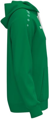Grüner Kapuzenpullover mit weißem Logo auf dem Ärmel. Grüner Kapuzenpullover mit weißem Logo auf dem Ärmel.