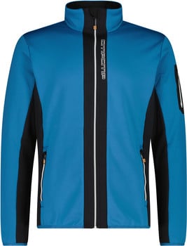 Blaue Herrenjacke mit schwarzen Streifen und Logo am Reißverschluss.
