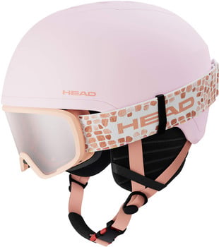 Ein rosa Skihelm mit integrierter Skibrille und gemustertem Band.