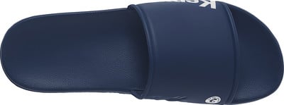 Dunkelblaue Herren-Badesandale mit weißem Logo auf dem Riemen. Dunkelblaue Herren-Badesandale mit weißem Logo auf dem Riemen.