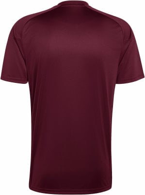 Rückansicht eines dunkelweinroten T-Shirts mit kurzen Ärmeln. Rückansicht eines dunkelweinroten T-Shirts mit kurzen Ärmeln.