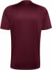 Rückansicht eines dunkelweinroten T-Shirts mit kurzen Ärmeln.