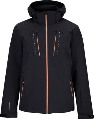 Schwarze Skijacke mit Kapuze und orangefarbenen Reißverschluss- und Taschenakzenten. Schwarze Skijacke mit Kapuze und orangefarbenen Reißverschluss- und Taschenakzenten.