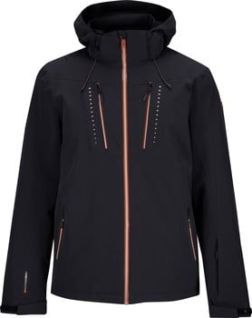 Schwarze Skijacke mit Kapuze und orangefarbenen Reißverschluss- und Taschenakzenten.