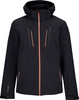 Schwarze Skijacke mit Kapuze und orangefarbenen Reißverschluss- und Taschenakzenten.