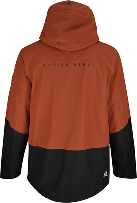 Rückseite einer orangefarbenen Jacke mit schwarzem unteren Teil und dem Schriftzug ACTIVE REBEL. Rückseite einer orangefarbenen Jacke mit schwarzem unteren Teil und dem Schriftzug ACTIVE REBEL.