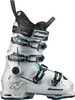 Ein weißer Nordica Skischuh mit blauen Akzenten und Schnallenverschlüssen.