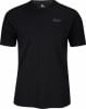 Schwarzes T-Shirt mit kurzen Ärmeln und dezentem Logo auf der Brust.
