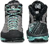 Graue Damen-Wanderschuhe mit türkisfarbenen Schnürsenkeln und Sohle.