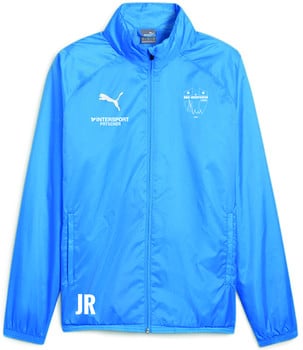 Blaue Jacke mit Puma-Logo, Intersport-Aufschrift und Initialen JR.