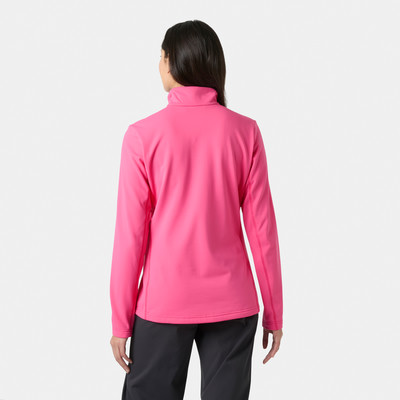Damen-Pink-Jacke mit langen Ärmeln, Stehkragen, dunkle Hose.