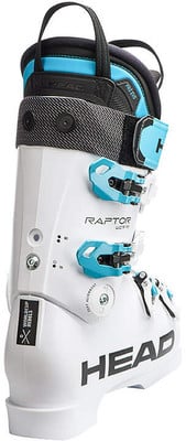 Weißer HEAD Raptor Skischuh mit blauen Schnallen und schwarzen Details. Weißer HEAD Raptor Skischuh mit blauen Schnallen und schwarzen Details.