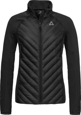 Schwarze Steppjacke mit hohem Kragen und grauem Logo auf der Brust. Schwarze Steppjacke mit hohem Kragen und grauem Logo auf der Brust.