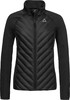 Schwarze Steppjacke mit hohem Kragen und grauem Logo auf der Brust.