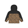Rückansicht einer Kinderjacke mit Leopardenmuster und schwarzer Kapuze.
