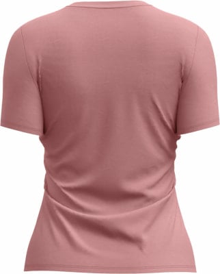 Rückansicht eines rosafarbenen kurzärmeligen T-Shirts mit A-Linien-Schnitt. Rückansicht eines rosafarbenen kurzärmeligen T-Shirts mit A-Linien-Schnitt.