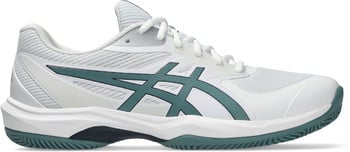 Weiße Tennisschuhe mit dunkelgrünen Streifen und weißer Sohle.