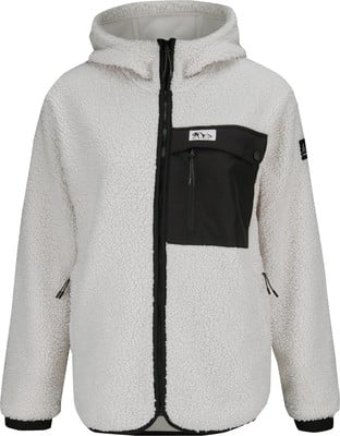Beige Fleecejacke mit schwarzer Tasche und Kapuze, Reißverschluss. Beige Fleecejacke mit schwarzer Tasche und Kapuze, Reißverschluss.