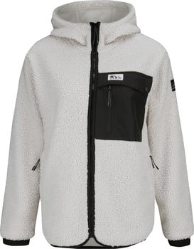 Beige Fleecejacke mit schwarzer Tasche und Kapuze, Reißverschluss.