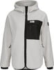 Beige Fleecejacke mit schwarzer Tasche und Kapuze, Reißverschluss.