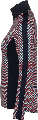 Damenjacke mit geometrischem Muster und dunkelblauen Streifen an den Ärmeln. Damenjacke mit geometrischem Muster und dunkelblauen Streifen an den Ärmeln.