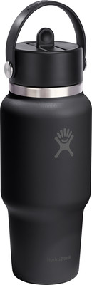 Schwarze Hydro Flask Thermoskanne mit Henkel und Logo. Schwarze Hydro Flask Thermoskanne mit Henkel und Logo.