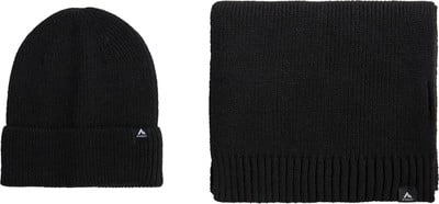 Schwarze Strickmütze und Schlauchschal mit Markenlogo.