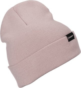 Eine rosa Strickmütze mit SCOTT-Logo auf schwarzem Aufnäher.
