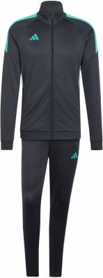 Dunkelgrauer Adidas Trainingsanzug für Herren mit türkisfarbenen Details.