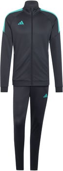 Dunkelgrauer Adidas Trainingsanzug für Herren mit türkisfarbenen Details.