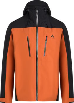 Herren-Orange-Jacke mit schwarzer Kapuze und schwarzen Seiten.