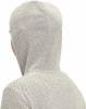 Rückansicht einer Person in einem weißen Hoodie mit grauem Muster.
