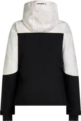 Schwarze O'Neill Jacke mit weiß-beigen Mustern an Kapuze und Ärmeln.