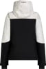 Schwarze O'Neill Jacke mit weiß-beigen Mustern an Kapuze und Ärmeln.