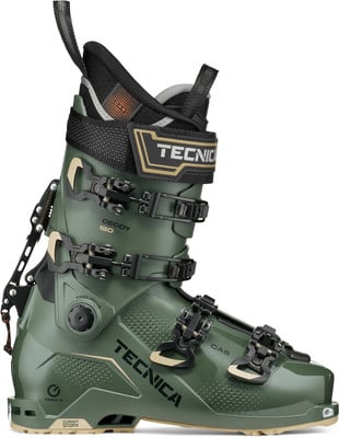 Grüner Tecnica Skischuh mit schwarzen Schnallen und goldenem Logo.